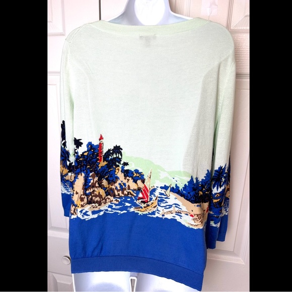 TALBOTS Sailboat Sweater Lightweight Knit Nautical Lighthouse Coastal Green Blue - Picture 5 of 7